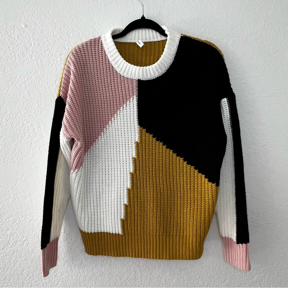 Wishlist Tan Black Pink White Colorblock Crew Neck M Knit Sweater - Women’s‎ S/M